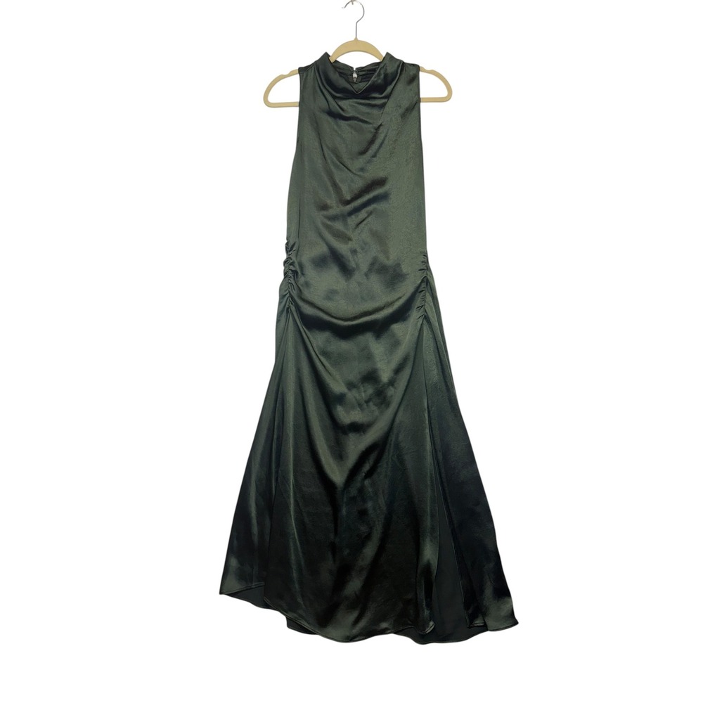 Grade & Gather Satin Mock Neck Ruched Midi Dress Dark Green Sleeveless Large - Picture 2 of 11